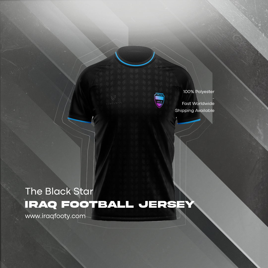 The Black Star Iraq Football Jersey featuring sleek black polyester fabric with a subtle Ishtar star pattern and blue highlights on the collar and sleeve edges. The chest displays the Iraq Footy logo and a vibrant team crest. Fast worldwide shipping available.